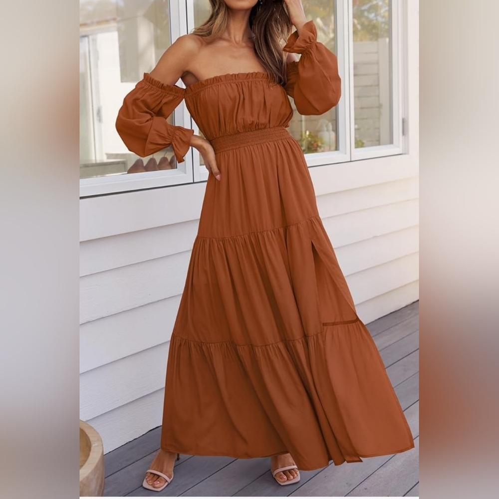 Elegant Brown Off-Shoulder Maxi Dress